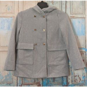 Womens Outer Wear Size Small Gray Long Sleeve Button-Down Hooded Pea Coat Wool